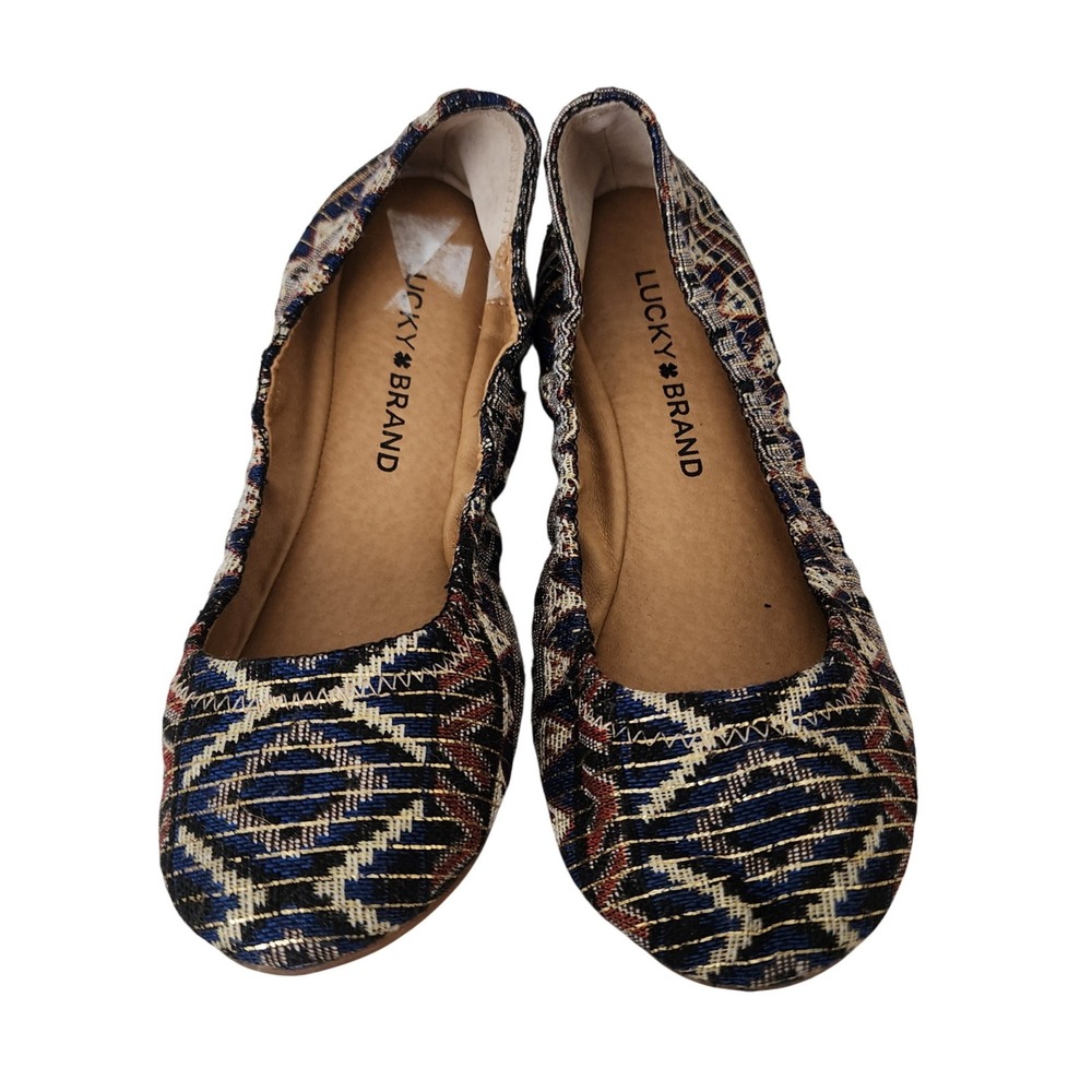 Lucky Brand Emmie Ballet Flats Navy Blue Gold Metallic Tapestry Woven Size 6M